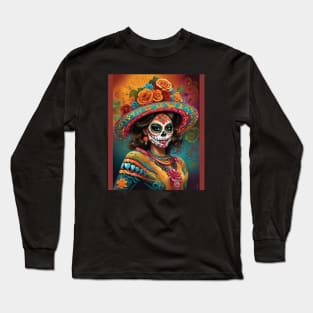 Vibrant Day of the Dead Look: Woman in Sugar Skull Makeup Long Sleeve T-Shirt